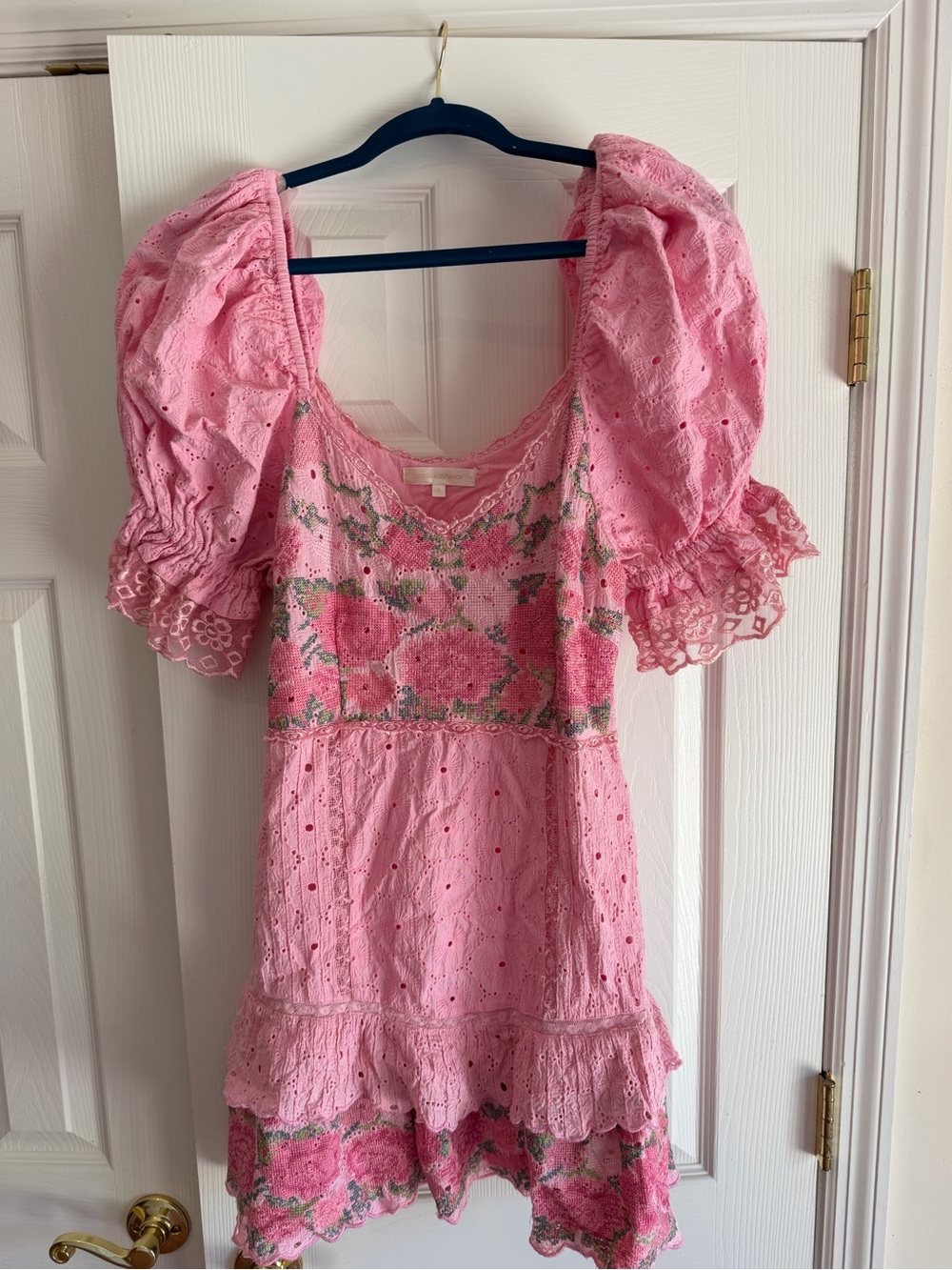LoveShackFancy Pink Floral Eyelet Puff-Sleeve Dress